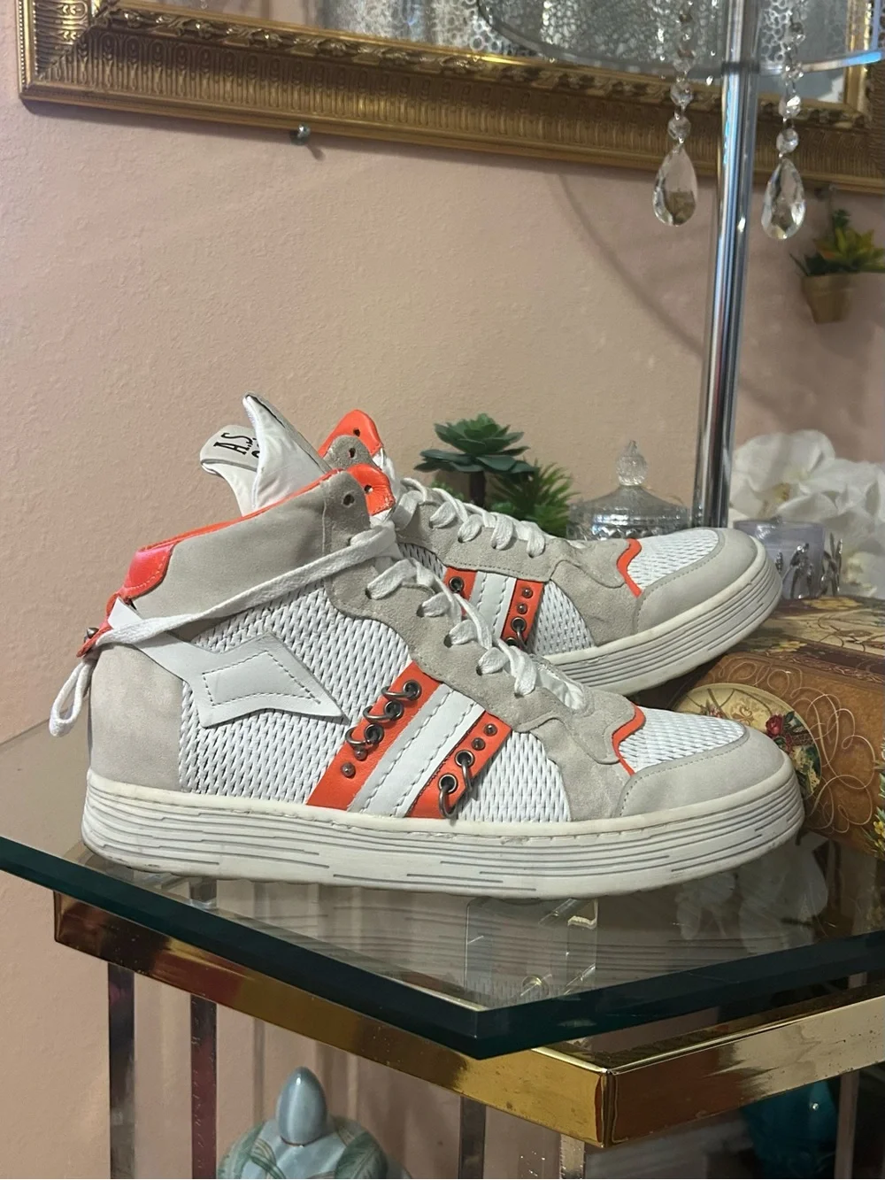 A.S.98 Women's High-Top Punk Rock Sneakers in White & Orange Size 40/9-9.5